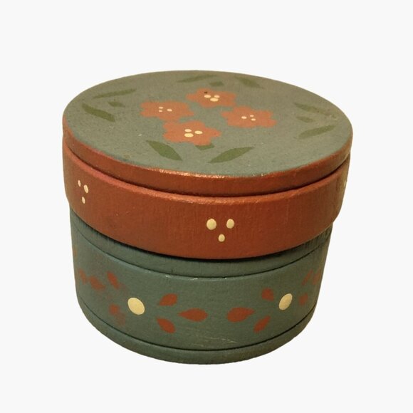 Floral Wooden Trinket Box Blue Hand Painted Tole Pennsylvania Dutch - Picture 4 of 8